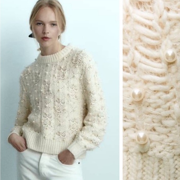 ZARA NWT TEXTURED KNIT SWEATER WITH PEARL BEADS ECRU SIZE L